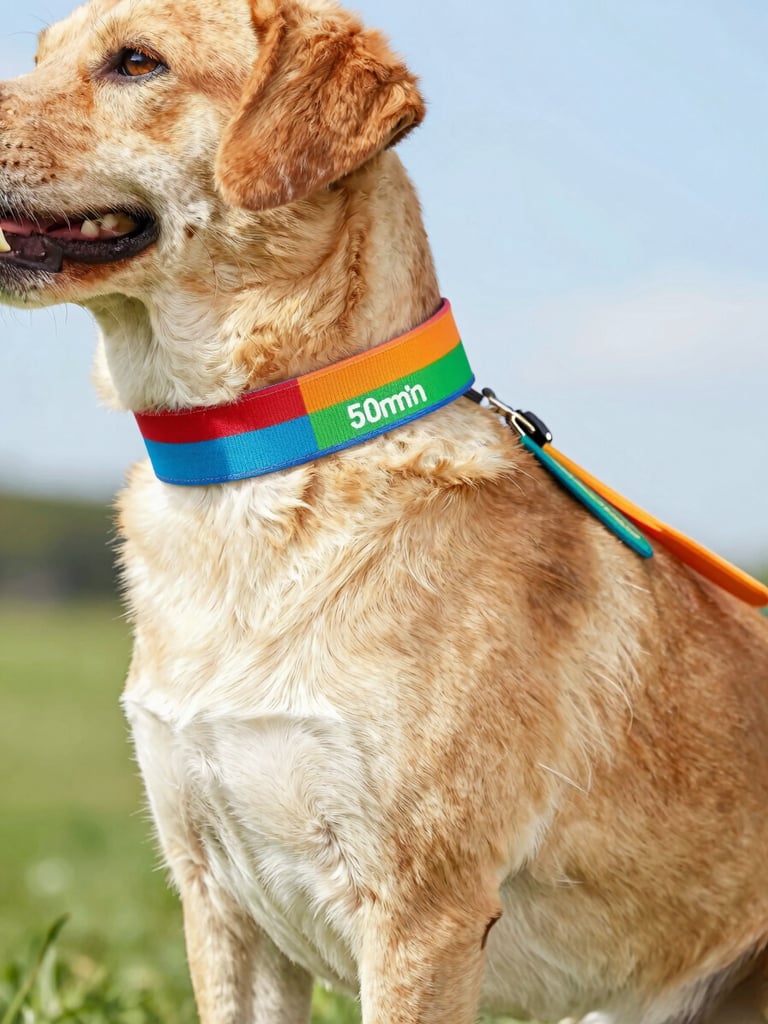 Detailed clean graphic diagram showing how to measure a dog's neck, chest, and back length, with bright colorful accents, clear lines, high-contrast studio lighting.