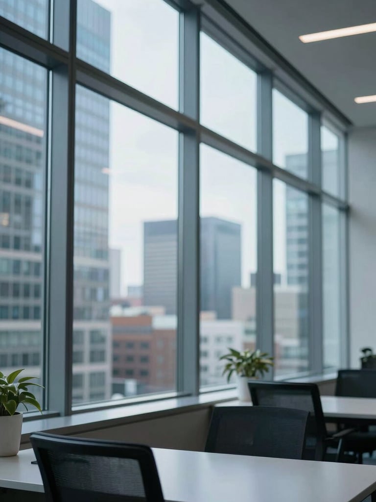 Modern editorial photography of a bright Canadian corporate office in Montreal, sharp focus, slate blue tones, natural window light.
