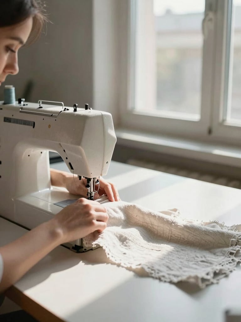 Wide environmental shot, left-framed: a woman's hands guiding fabric through a sewing machine in a sunlit workshop, thread and textile texture sharp in morning light, the full table and open window visible in the background—no faces, no posed subjects