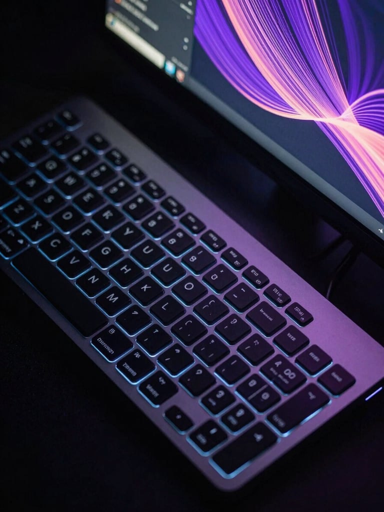 Close-up overhead shot of a sleek dark keyboard and a secondary monitor displaying abstract purple and rose data-visualization lines on a black interface, cool blue-white rim light hitting the keyboard edge, no human presence, high contrast, cinematic crop