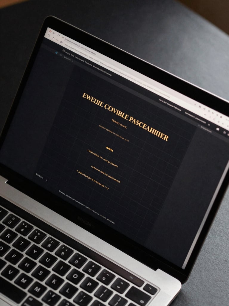 Tight overhead close-up of a laptop screen displaying a dark-mode website interface with precise grid layout and gold typographic accents, the screen surface reflecting cool studio strobe light from the upper right, keyboard partially visible at bottom frame edge, matte black desk material, no people, no legible text, high contrast, architectural framing
