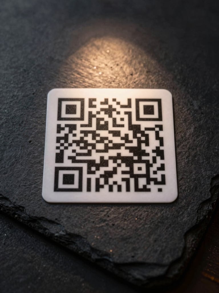 Extreme close-up overhead of a dark slate restaurant table surface, a single printed QR code card centered in frame under a narrow beam of warm directional light, the code's geometric grid sharp and precise, deep shadows surrounding—studio strobe, high contrast, no hands or people visible