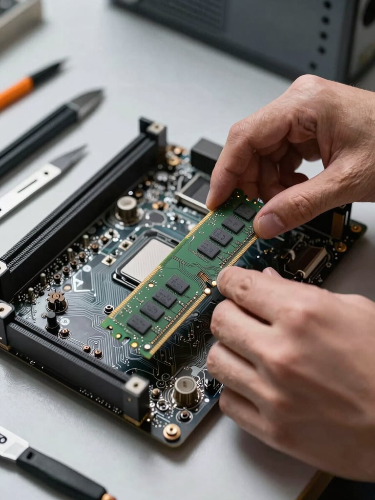 Close-up overhead view of a technician's hands installing a RAM module into a desktop motherboard on a workbench, task lighting casting sharp shadows across circuit traces, tools laid out to the left, shallow depth of field isolating the memory slot