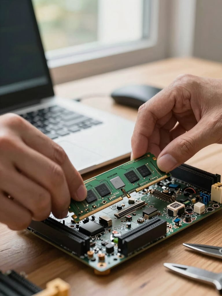 Hands placing a RAM module into a laptop motherboard on a workbench, daylight from a side window, close-up framing showing fingers gripping the component and slot detail, tools visible at the edge