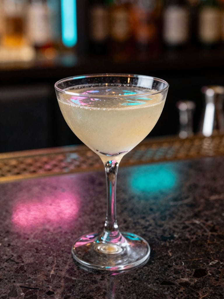 Close-up of a premium craft cocktail on a dark marble bar, soft pink and cyan neon reflections in the background.