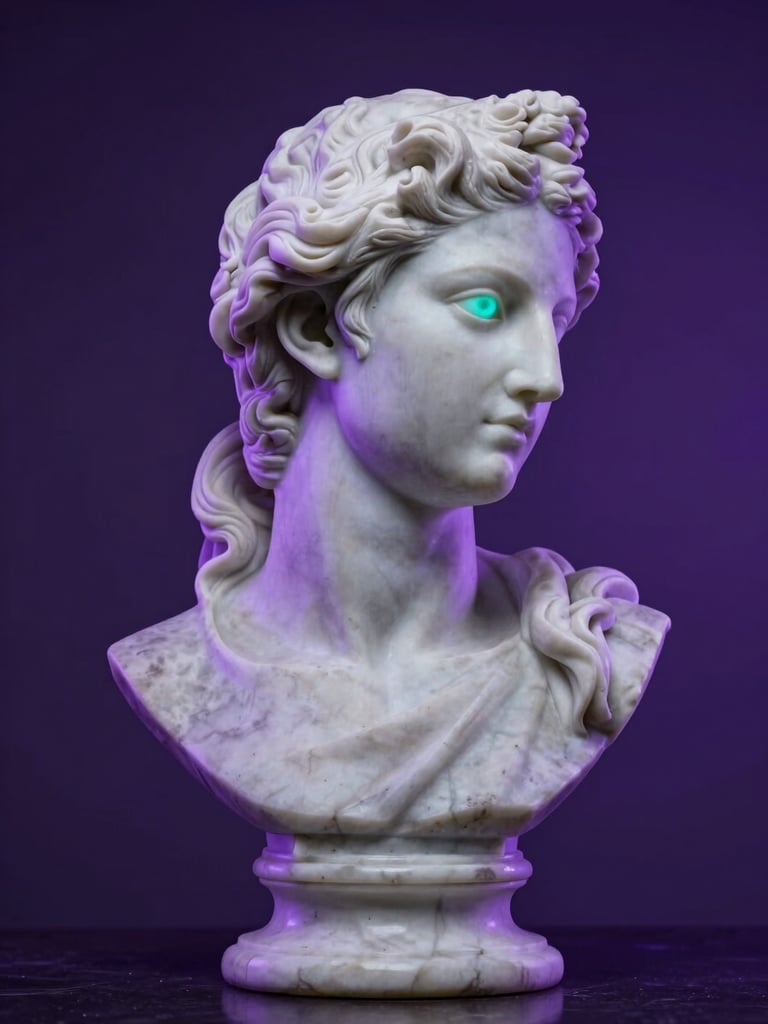 Primer plano dramático de un busto de mármol clásico con un ojo cibernético brillante de color cian, iluminado por luces de neón violeta en un entorno oscuro.