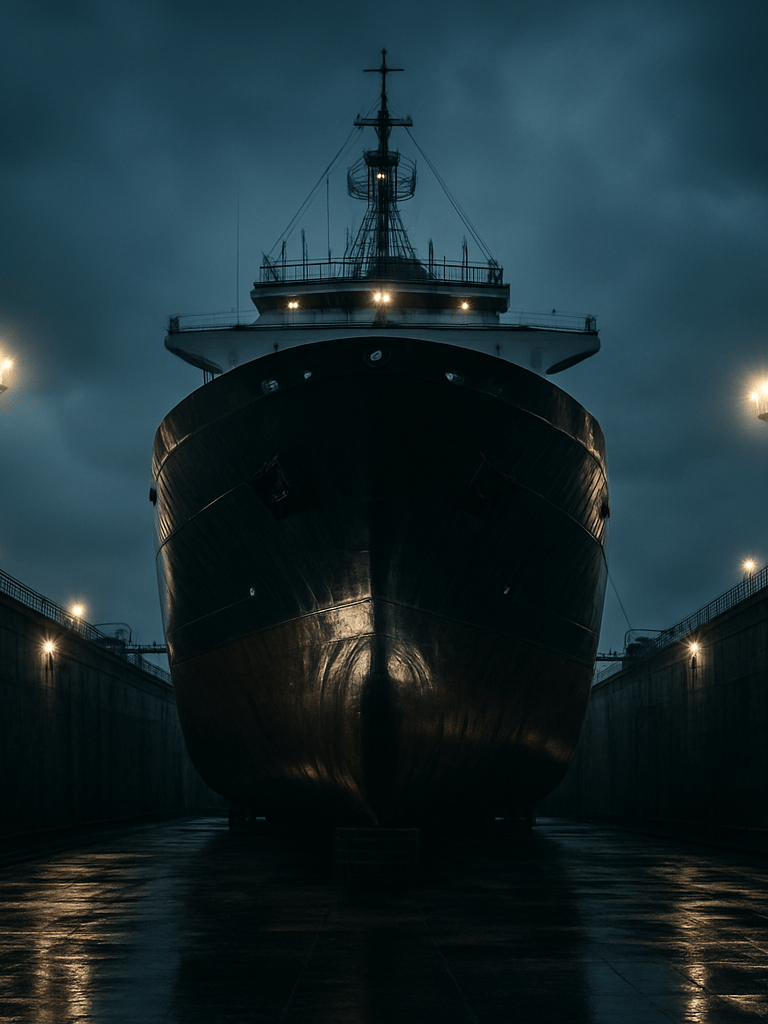 A massive cargo vessel docked in a drydock at dusk, dramatic industrial floodlights reflecting off the wet hull, dark overcast sky, deep ocean blue tones, high-contrast 35mm photography.