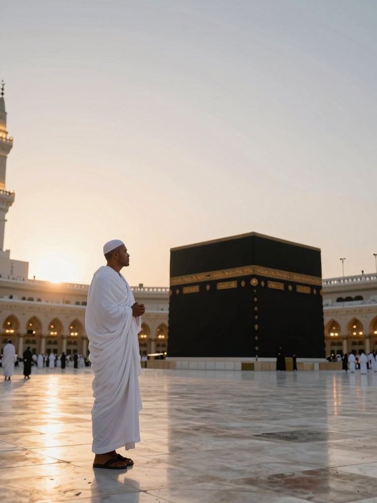 Wide environmental shot looking left: a pilgrim in white ihram standing at the edge of Masjidil Haram's outer courtyard at golden-hour dusk, hands clasped, Kaaba visible in the soft-lit distance, natural warm light washing the stone floor, generous negative space above