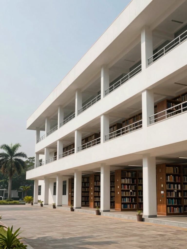 Wide architectural shot of a modern private university campus library in Tamil Nadu, clean lines, natural tropical daylight, negative space on the left