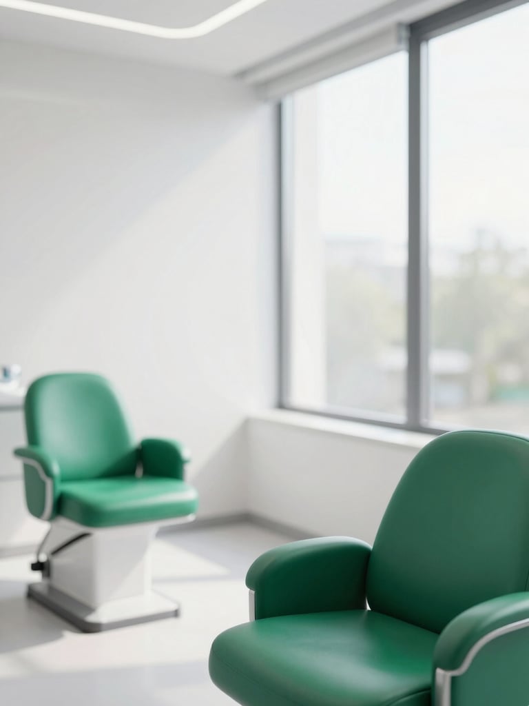 Minimalist clean photography of a modern high-end dental clinic waiting room, empty stylish emerald green chair, soft natural sunlight coming through a large window, shallow depth of field
