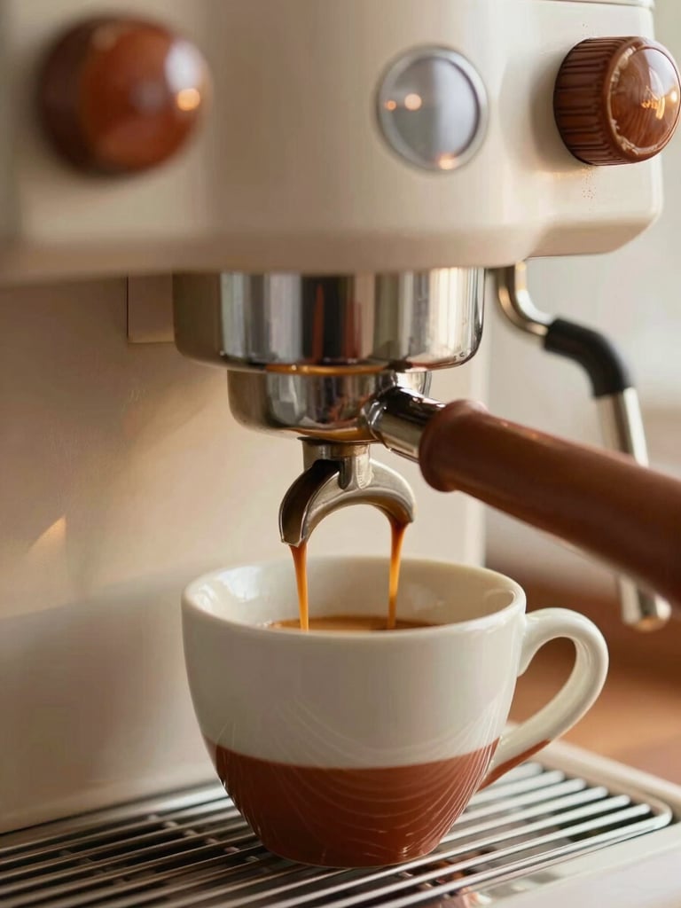 Close-up of a professional espresso machine portafiltro pouring rich hazelnut-colored espresso into a ceramic cup.