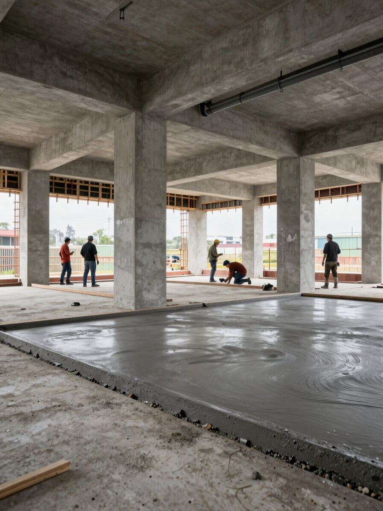 Wide environmental shot from inside a commercial renovation site, shot in overcast natural light — concrete structural columns mid-installation, workers in the background handling formwork, raw ceiling exposed with conduit runs visible, foreground sharp on a freshly poured slab edge, no staging or posed crew