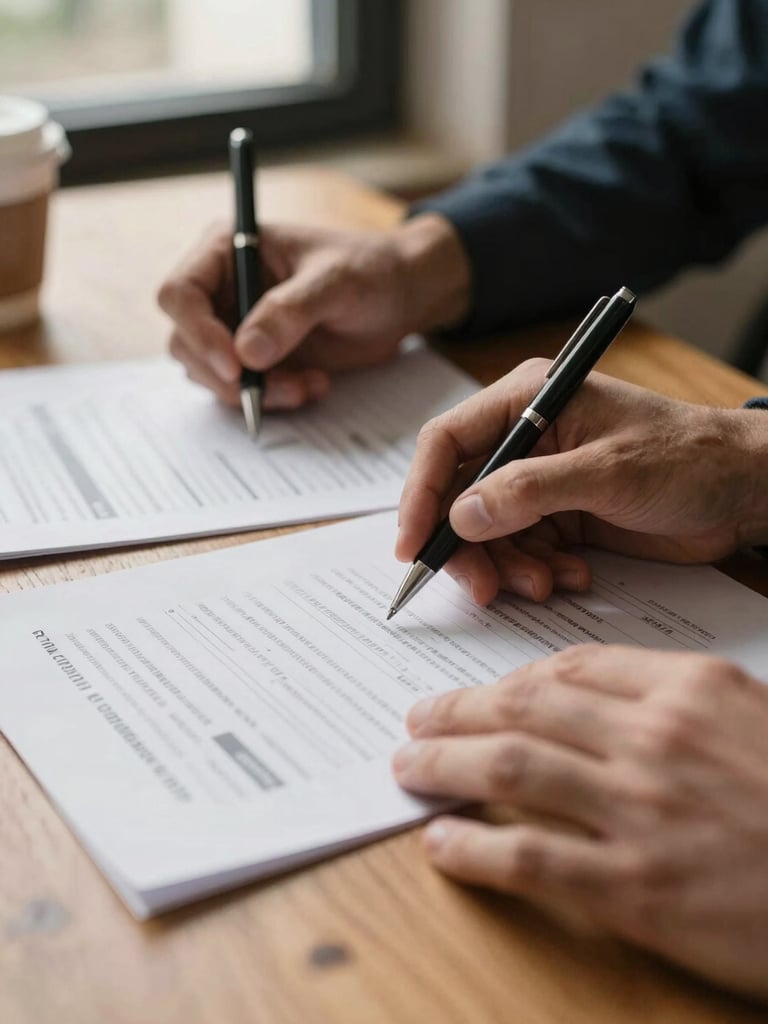 Close-up of two pairs of hands across a wooden table — one set reviewing a printed financial document, the other holding a pen ready to write, warm afternoon window light, a coffee cup slightly out of focus in the background, intimate and unhurried