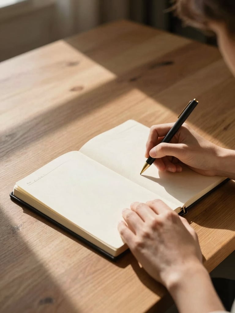 A sunlit study room with a large wooden table, a person's hands sketching notes in a premium cream-colored workbook, soft side-lighting with deep shadows