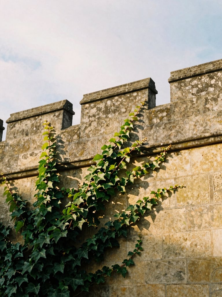 Close-up of weathered stone wall and climbing ivy, soft golden hour sunlight, architectural detail, 35mm film