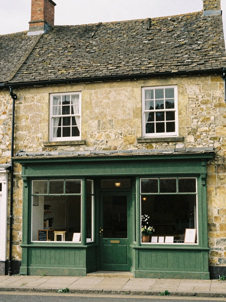 Warm editorial photography of a traditional wooden shopfront in a UK village, muted green tones, soft daylight, 35mm film.