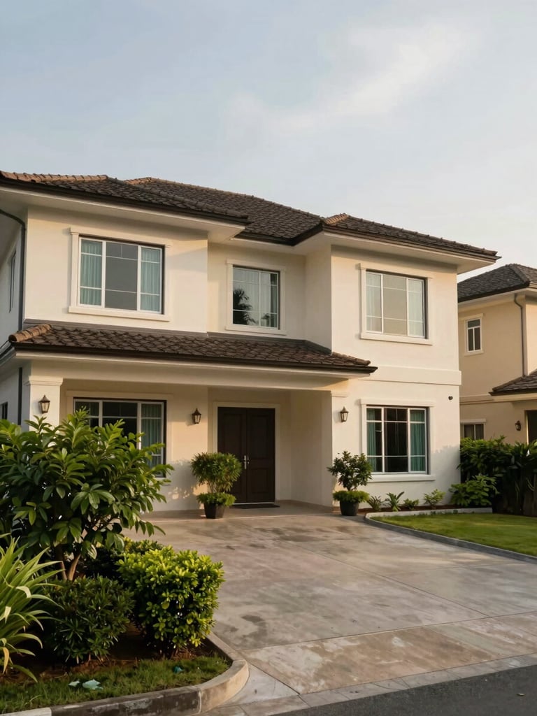 Wide environmental shot of a bright 3-bedroom terraced house exterior in Subang, soft morning daylight washing the facade, lush green shrubs framing the entrance, empty driveway, warm cream render and dark window frames visible, slight overcast sky diffusing the light evenly, generous sky above the roofline