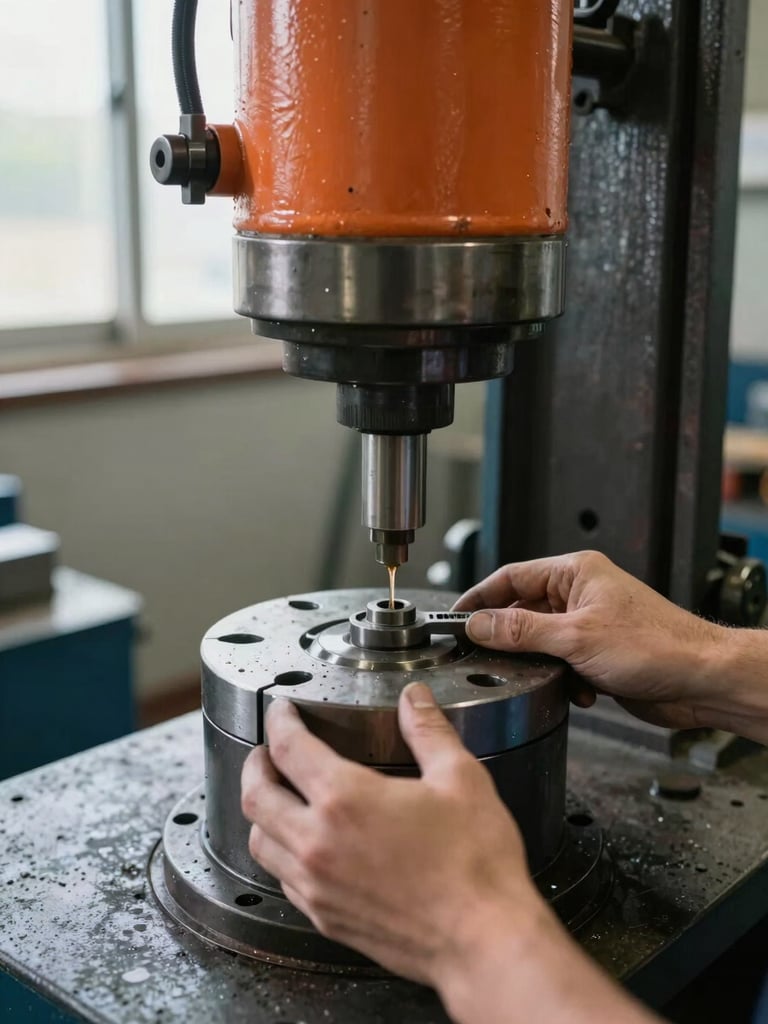 Close-up portrait frame—a pair of hands adjusting a steel die plate inside the open cavity of a hydraulic press, natural daylight from a factory window illuminating the orange-accented hydraulic cylinder above, mechanical detail sharp, concrete floor visible below