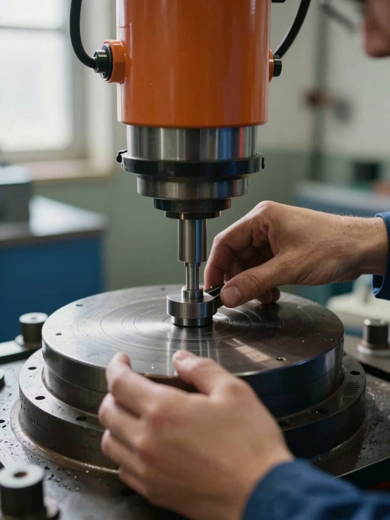 Close-up of a technician's hands setting a circular die into a hydraulic press bed, the orange hydraulic cylinder visible in the upper frame, factory floor in the background softly out of focus, natural window light from the left casting mild shadows across the die surface