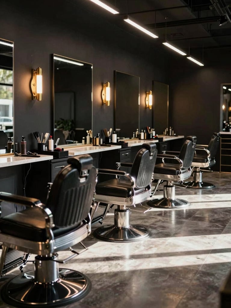 Wide environmental shot of Ghost Barber Studio interior — empty barber chairs in a row, warm brass fixtures glowing against dark charcoal walls, directional window light cutting across a polished counter holding grooming tools in precise arrangement, no people, deeply still