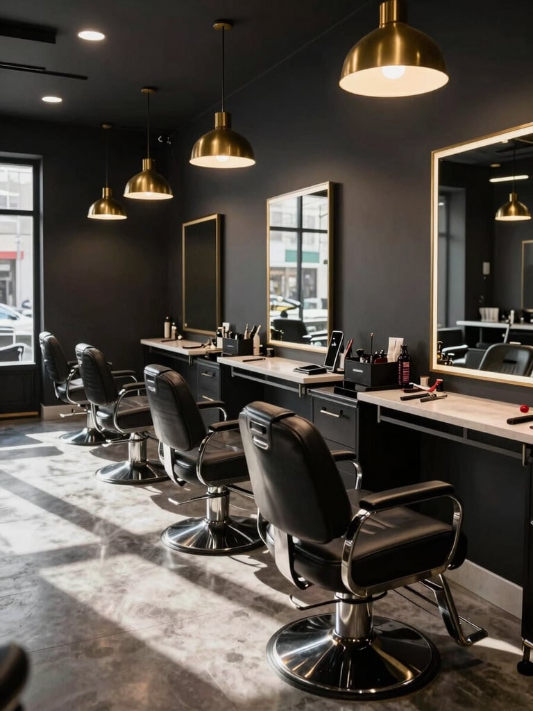Wide-angle view of a modern barbershop interior, empty chairs in a row under warm brass pendant lights, dark charcoal walls, tools laid precisely on a counter, controlled directional window light from the left casting long shadows, no people