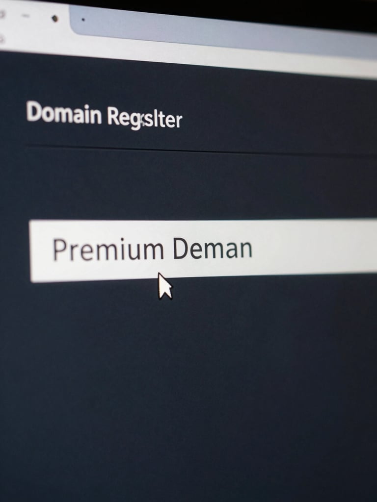 Extreme close-up of a domain registrar search interface on a dark monitor, single premium domain string centered in a stark input field, cool studio light, tight crop showing only the screen and the glowing text cursor