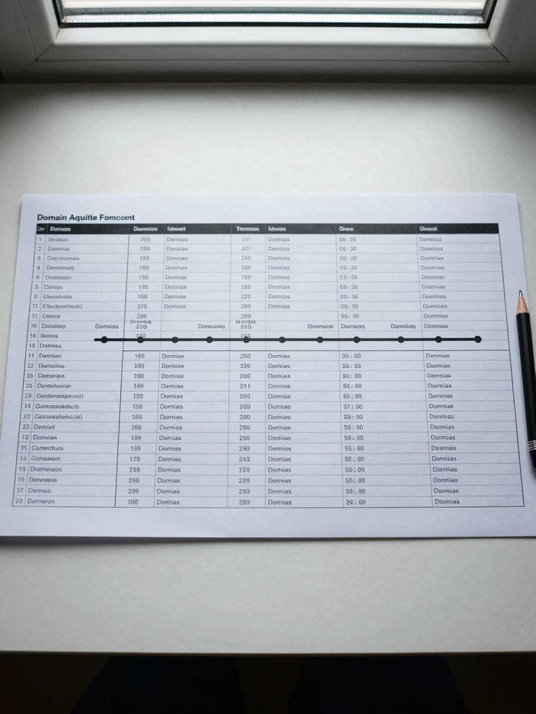 Overhead flat-lay of a domain acquisition timeline spreadsheet on a light desk, columns of domain names and acquisition dates visible, a single mechanical pencil resting at the edge, cool daylight from a window at the top, tight crop with no human subject