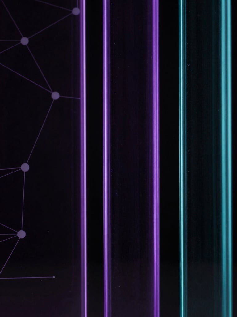 Macro close-up of dark glass panels with precise violet and cyan edge-glows highlighting structural lines, minimal abstract network nodes in the background, low-key moody studio lighting.