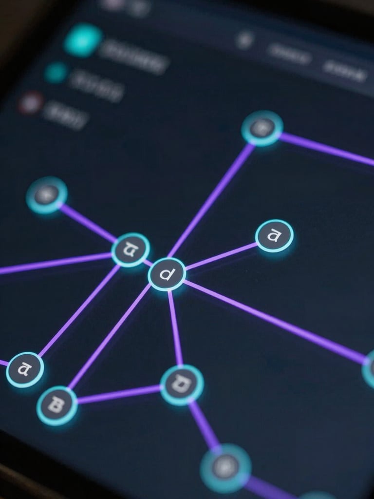 Macro close-up of a high-fidelity dark UI showing database nodes connected by thin glowing purple lines, low-key studio lighting with cyan edge-glows, shallow depth of field