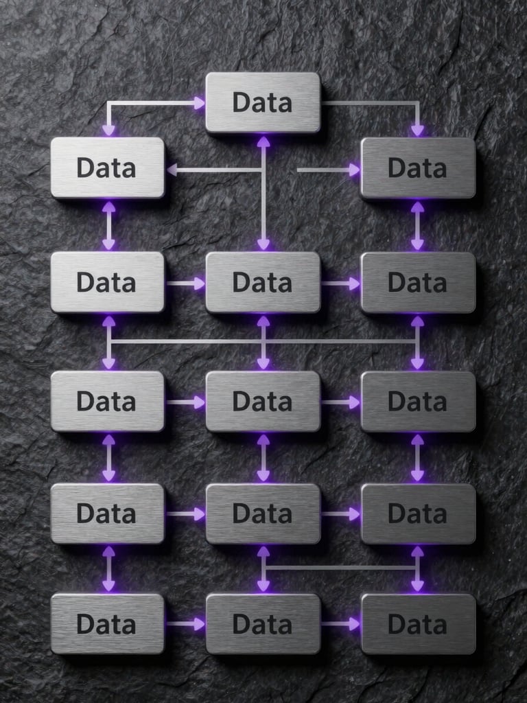 Symmetrical system diagram of data flows, clean vector lines on a dark slate background, subtle purple glow highlighting connection points, macro texture of brushed metal.