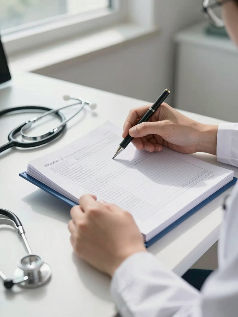 Close-up medium shot of a physician's hands turning pages of a detailed patient chart on a clinical desk, a stethoscope resting nearby, daylight-balanced window light casting soft shadows, organized and deliberate