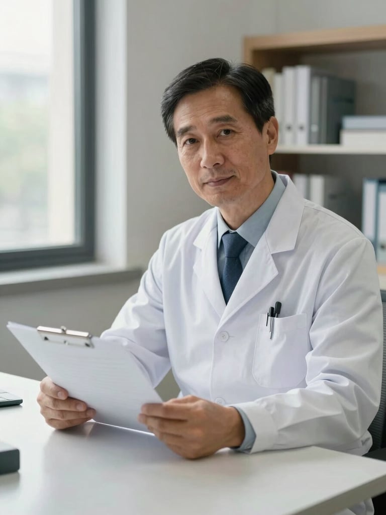 Medium shot of a male physician in his 40s wearing a white coat, seated at a clean clinical desk reviewing a patient chart, warm daylight from a window to his left, organized shelves visible in the background, calm and confident expression, looking slightly toward camera