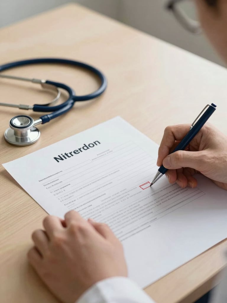 Close-up of a physician's hands reviewing and signing a medical certificate document on a desk, a stethoscope resting nearby, warm clinical desk lighting, organized and professional