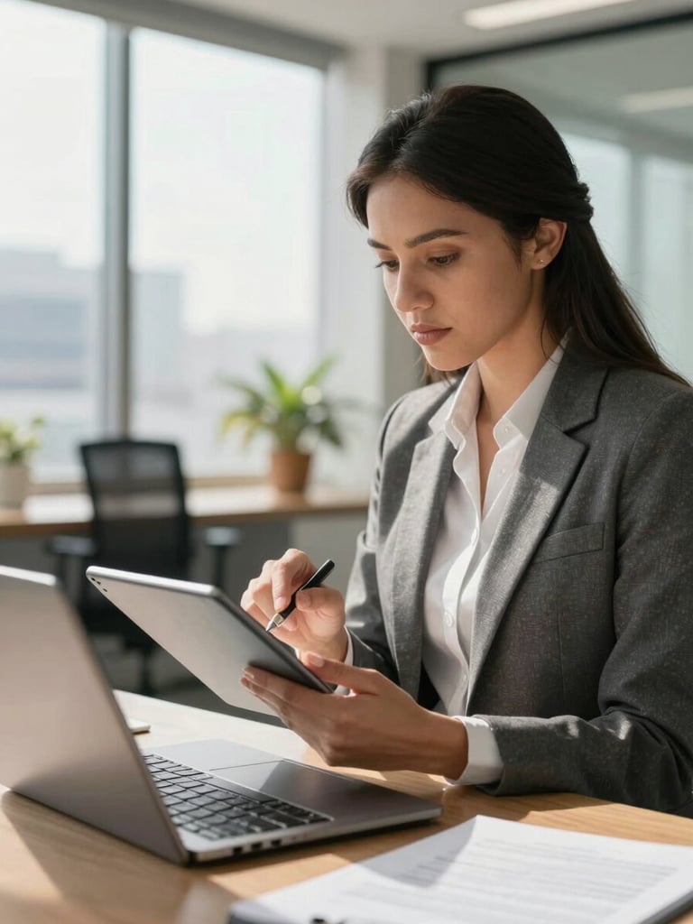 A professional environmental shot of a modern Brazilian office with bright natural daylight, an HR manager reviewing plan details on a tablet.