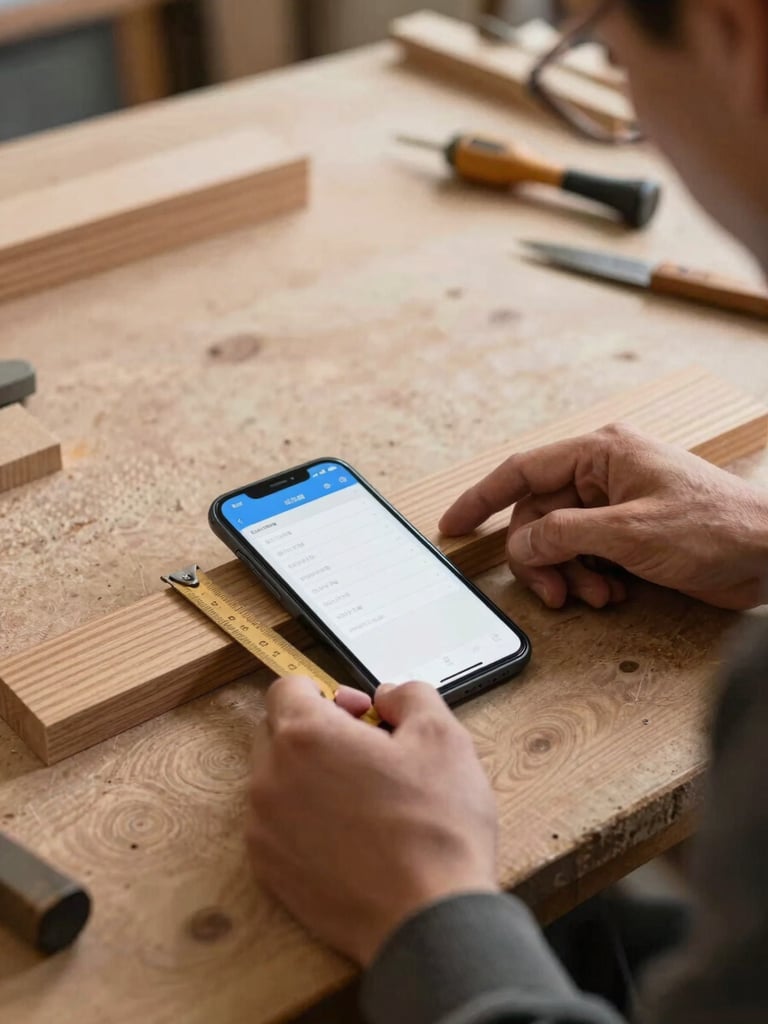 A daylight-flooded workshop showing a carpenter's hands measuring a piece of oak next to a smartphone displaying a clean ledger interface, over-the-shoulder shot.