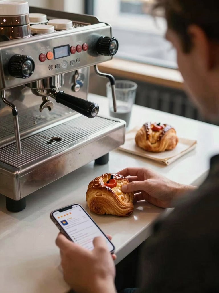 A daylight-flooded cafe counter with espresso machine, hands of a baker placing a fresh pastry, next to a smartphone showing a clean Google Maps listing with five stars, natural lighting, over-the-shoulder shot.