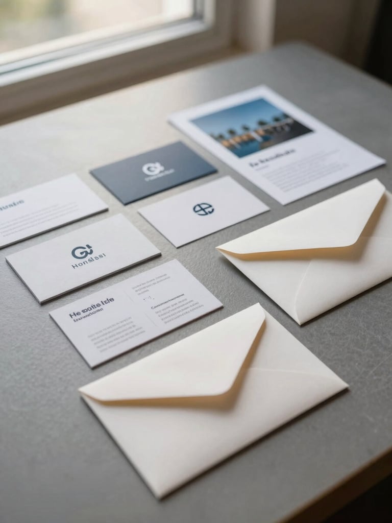 Close-up of a finished brand identity system laid out on a warm gray desk — business cards, envelope, and printed collateral arranged in a tight grid under soft natural window light, edges sharp, paper texture visible