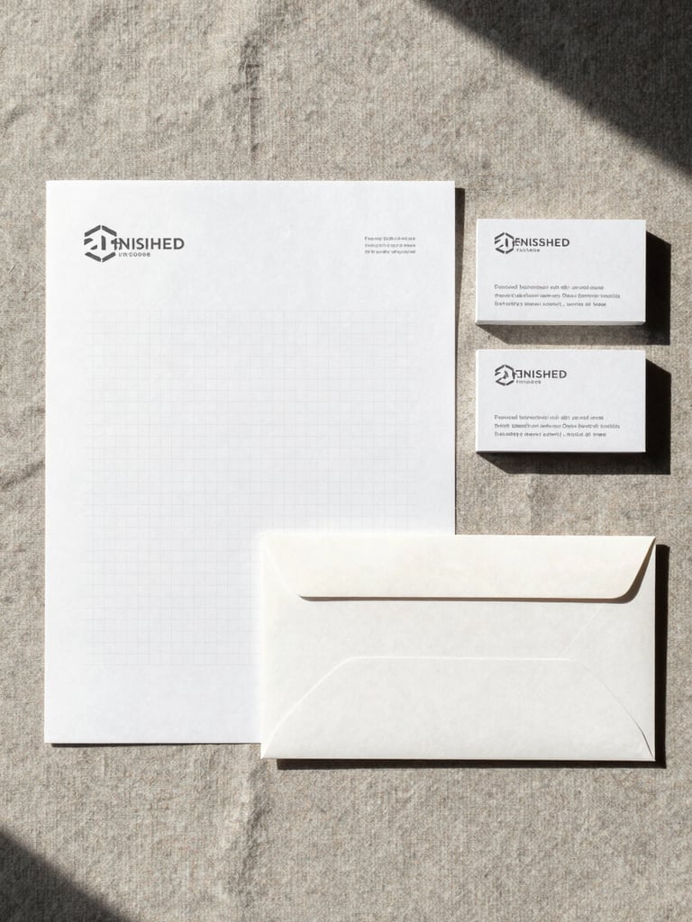 Finished brand stationery set — letterhead, business card, and envelope — arranged in a slightly overlapping fan on a warm gray linen surface, natural daylight from above, showing the typographic grid system applied consistently across all three pieces