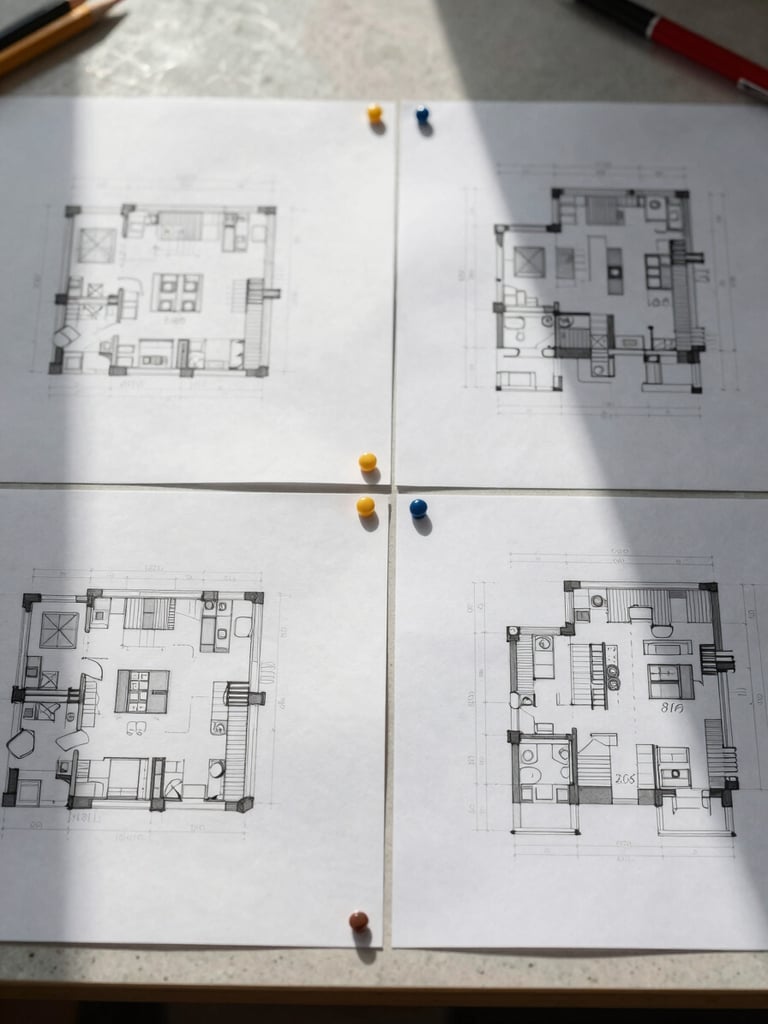 Close-up overhead view of a designer's worktable, rough layout sketches pinned side by side with annotated print proofs, natural window light casting soft shadows, pencil and red pen visible at frame edge