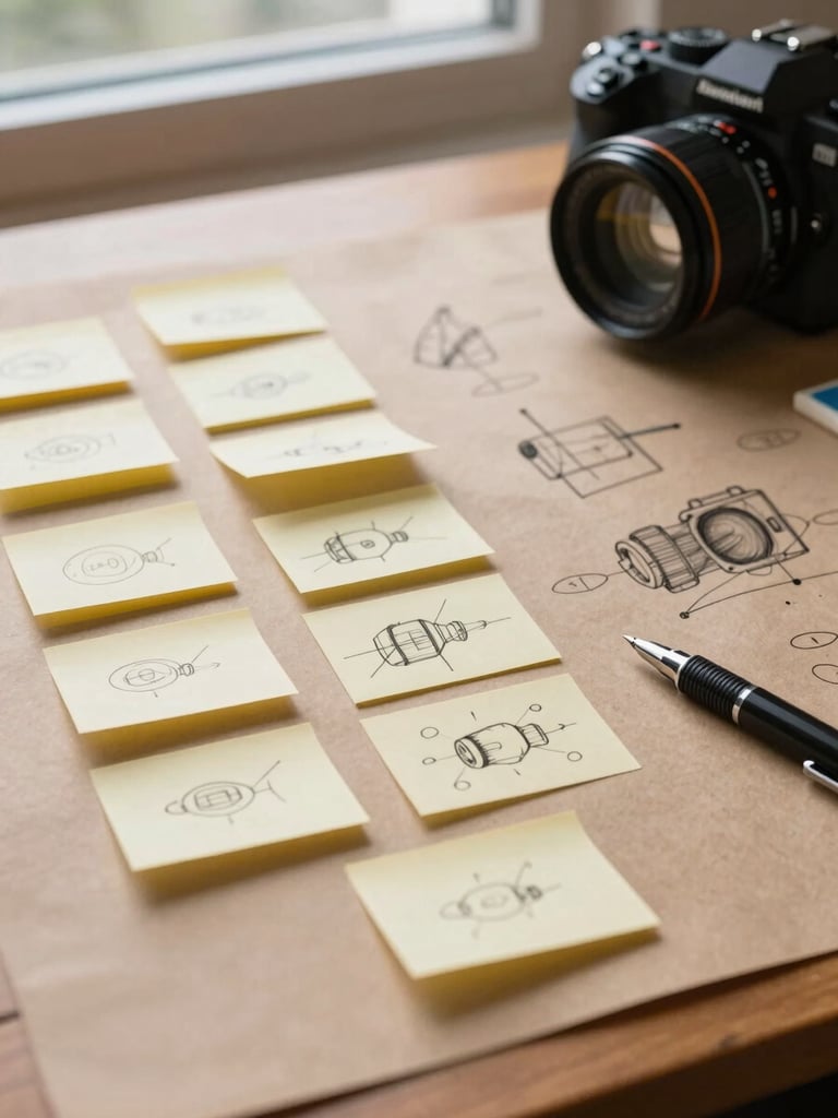 Close-up of a designer's desk under natural window light — annotated sketches and sticky notes arranged in columns on kraft paper, a fine-line pen resting at the lower-right corner