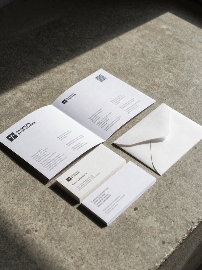 Wide shot from left side of a printed identity system laid flat on a warm concrete surface — a folded brochure, business cards, and an envelope arranged in an open spread, natural window light raking across the paper edges, deep shadow in the upper left corner