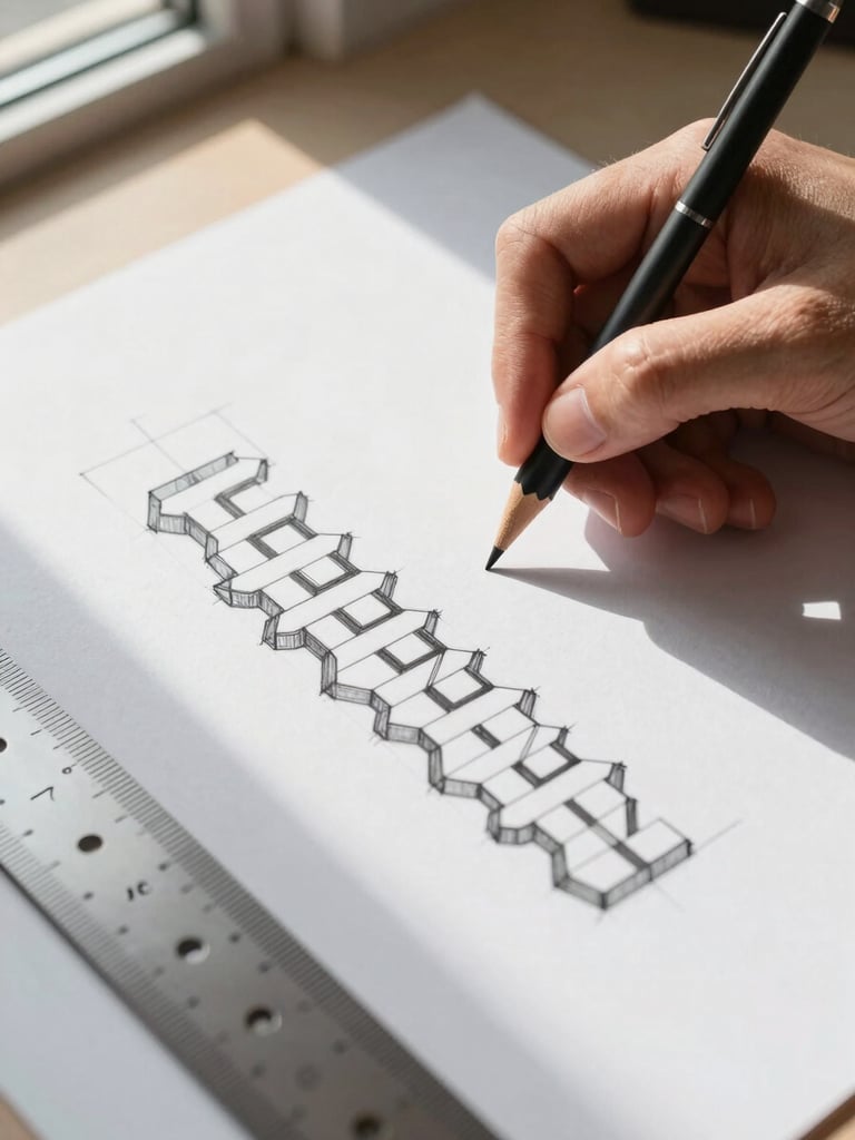 Close-up of a designer's hand annotating a grid sketch on white paper, a mechanical pencil and a steel ruler visible, natural window light casting a soft shadow, the sketch showing modular type blocks arranged in a column system