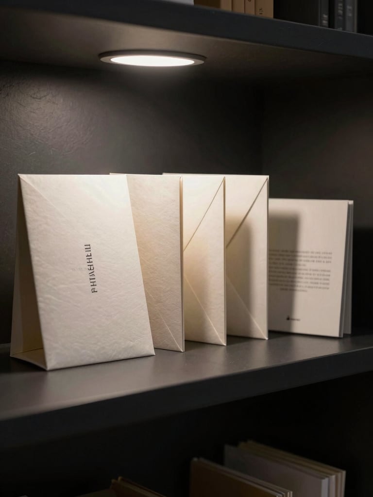 Finished brand identity collateral displayed upright on a dark studio shelf — folded card, envelope, and a small booklet in a tight row, studio spot-lighting from above-left, deep shadow behind