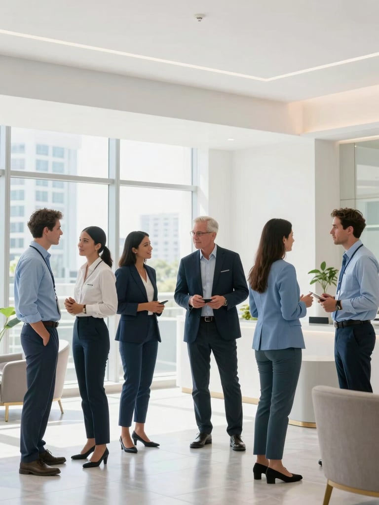 Polished executive networking at a premium Miami venue, medical professionals conversing in a bright, modern, sunlit lobby, clean corporate aesthetic, 35mm.