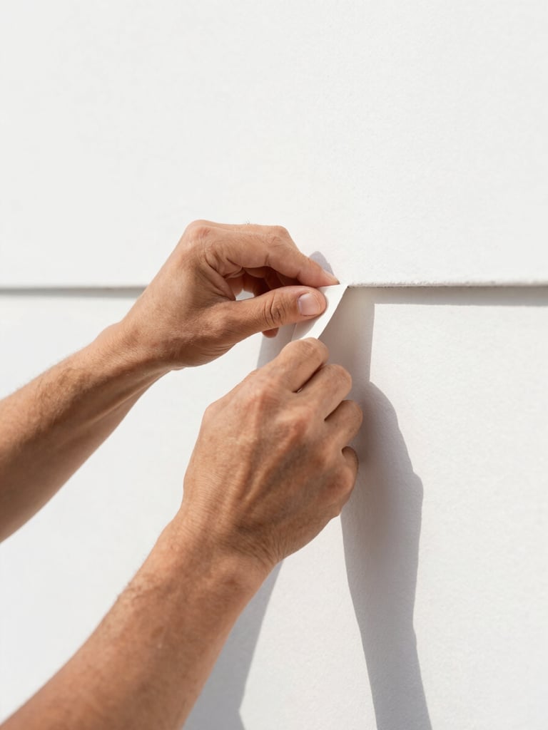 Tight macro shot of a craftsman meticulously taping a sharp corner edge on a clean white wall, bright natural daylight, sharp focus