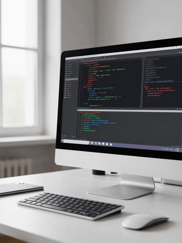 Wide shot of a dark-mode code editor on an ultrawide monitor, sharp syntax highlighting visible on a React component file, desk surface partially visible at bottom, natural daylight from a window at left, high contrast, monochromatic workspace feel