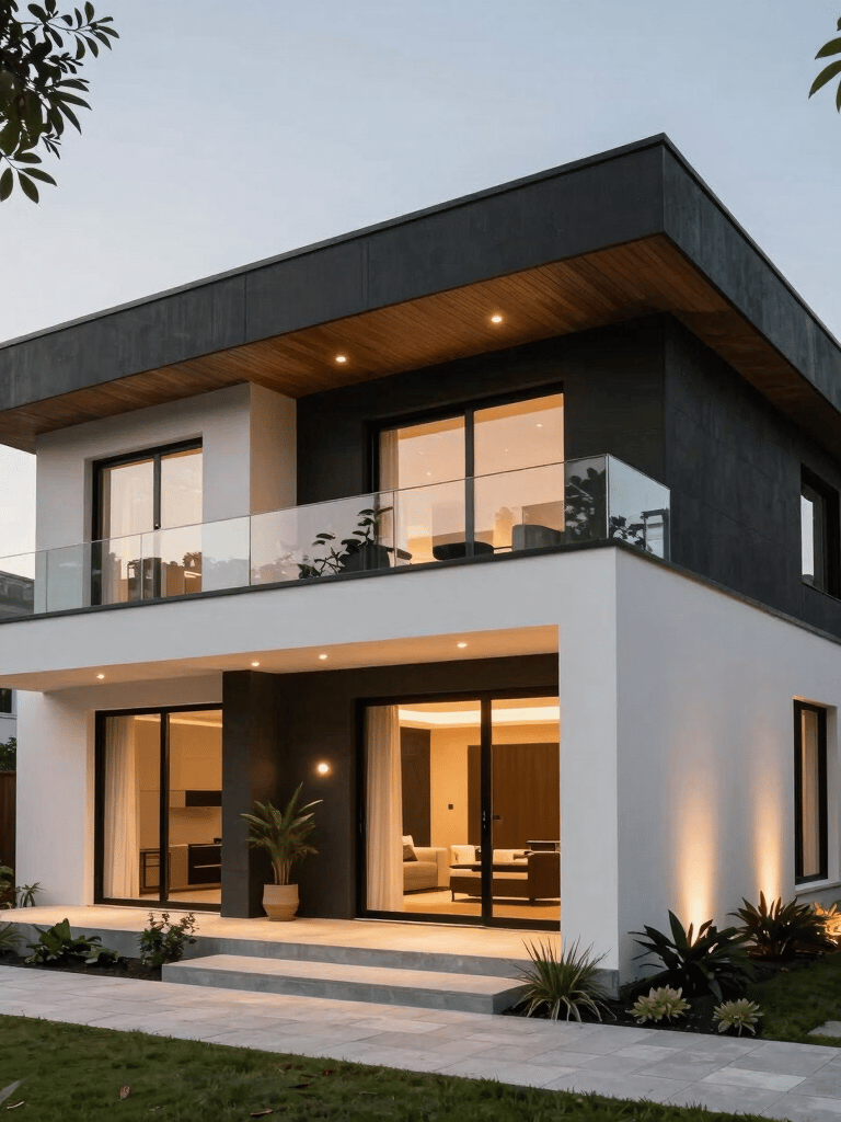Modern luxury villa architecture with black and white exterior design and warm outdoor lighting.
