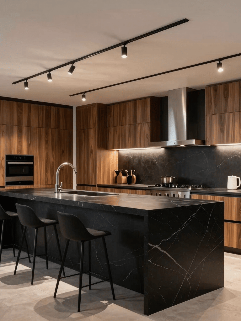 Modern luxury kitchen with black marble island, track lighting, and wood accents.