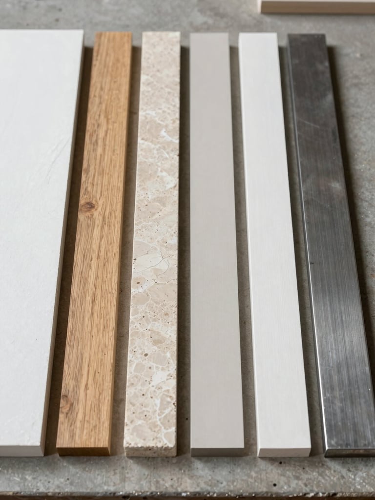 Close-up overhead study of a material sample array laid on a concrete worktable—strips of white oak, pale limestone, matte plaster, and brushed steel arranged in a precise row, overcast north light, no shadows, neutral color grade, no hands or figures in frame