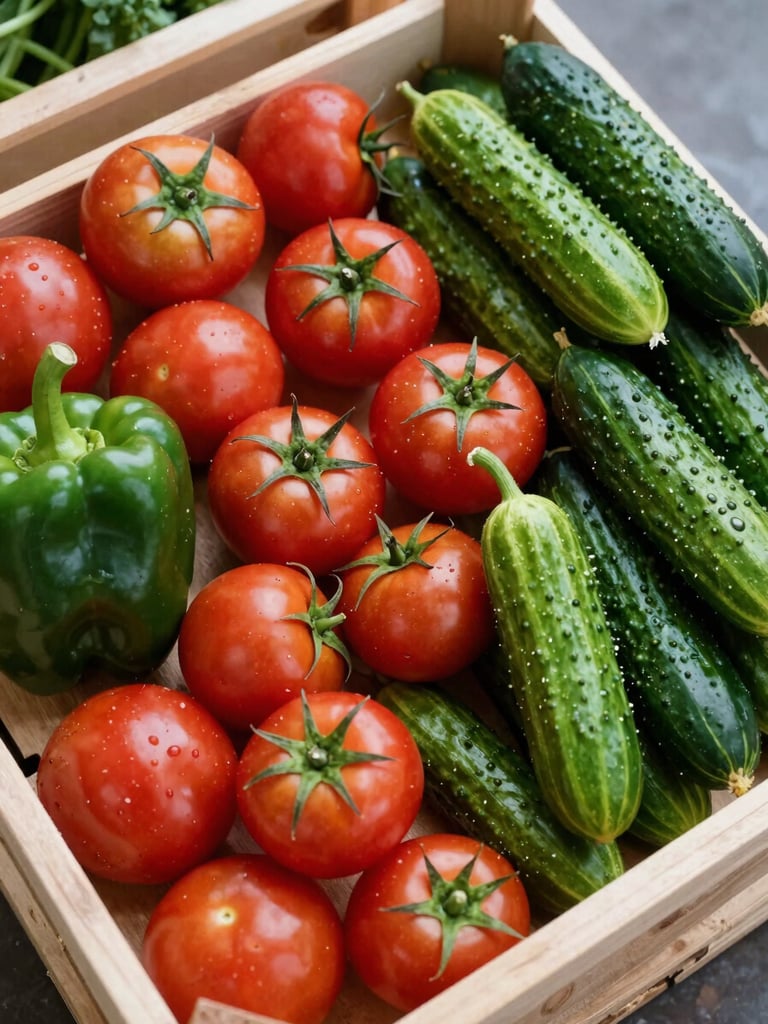Close-up overhead of freshly harvested mixed vegetables arranged in wooden shipping crates — tomatoes, peppers, cucumbers — photographed under natural warehouse light showing harvest-ready condition and volume, no styling